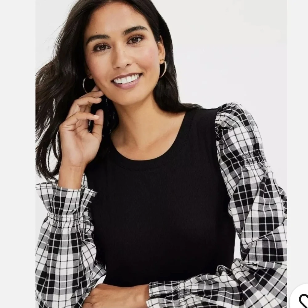 LOFT plaid Sleeve Top Blouse Small *C7 - Picture 3 of 7